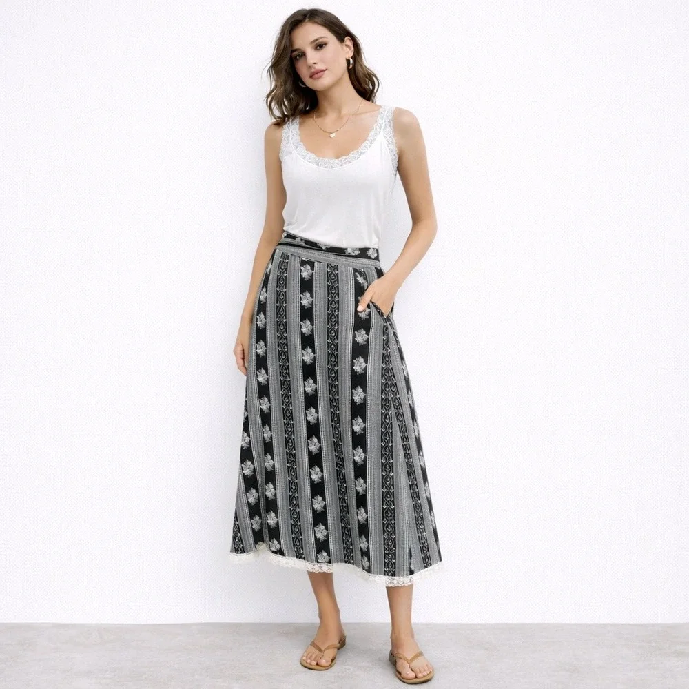 Baranda Women's Skirt‎ Vintage Milkmaid Striped Floral Lace Trim WhimsyGoth 10